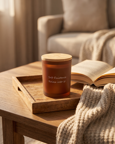 The Golden Hour soy candle in its frosted amber vessel, lid removed, in warm natural light