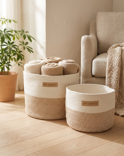 The Soft Existence woven cotton rope basket in cream and natural jute with its leather label