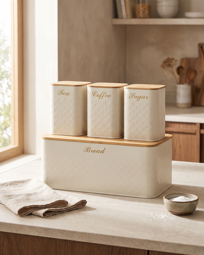 The Maison Cream tea, coffee and sugar canisters with embossed detail and bamboo lids, standing on the matching bread bin in a warm kitchen
