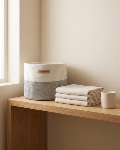 A white and grey woven cotton basket styled on an open oak shelf with folded linen and a candle.