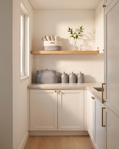 Grey bread bin and canister set lined up on a light stone counter in a compact galley kitchen with a small woven basket on the shelf above