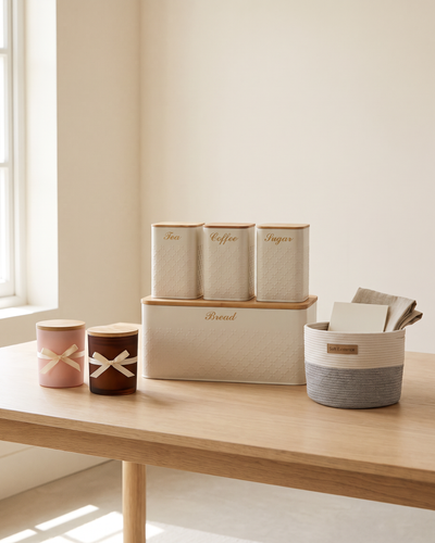 Corporate gift line-up on an oak table: two lidded soy candles tied with cream ribbon, a cream canister and bread bin set, and a woven cotton basket holding a linen napkin and card