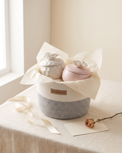 Gift for her on a cream linen table: a small white and grey woven cotton basket lined with tissue holding a white ceramic candle and a blush ceramic candle with flower lids, a cream ribbon, a blank card and a dried rose beside it