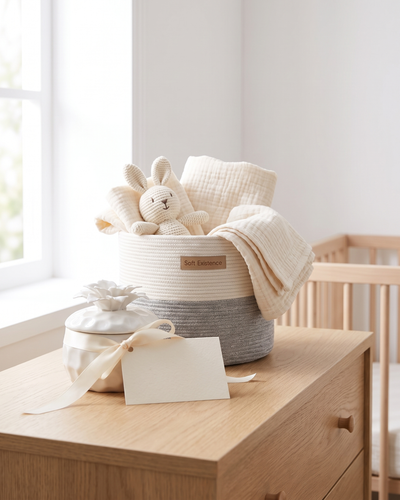 Baby shower gift in a pale nursery: a small white and grey woven cotton basket filled with folded muslins and a knitted rabbit on an oak dresser, beside a white ceramic soy candle with a flower lid, a cream ribbon and a blank card