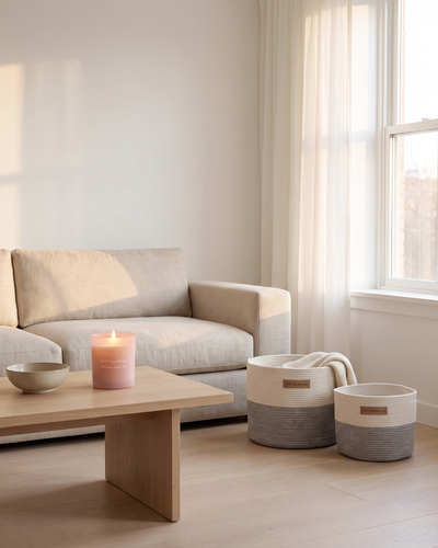 Minimalist living room in a cream apartment: an oatmeal linen sofa, a low oak coffee table holding only a lit blush glass soy candle and a ceramic bowl, and a white and grey woven cotton basket set on the floor with a folded throw