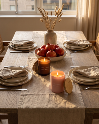Dining table set for four in a cream apartment: a washed linen runner, stoneware plates and linen napkins, a low bowl of pomegranates, dried grasses in a stoneware vase, and a lit amber glass candle beside a lit blush glass candle down the centre