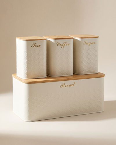 Cream 4-piece kitchen canister and bread bin set with bamboo lids and gold lettering - Soft Existence