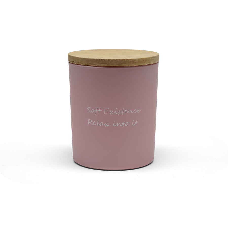 Pink frosted glass candle with natural bamboo lid - Soft Existence