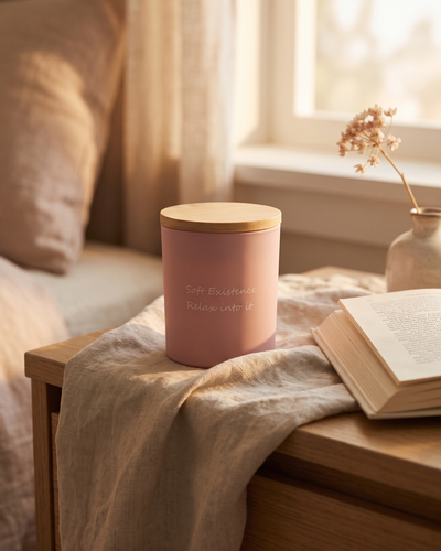 The Nocturne soy candle in its soft pink frosted vessel with the bamboo lid set alongside