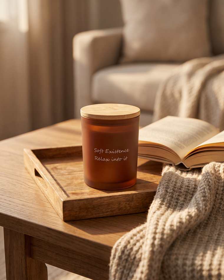 The Golden Hour soy candle in its frosted amber vessel, lid removed, in warm natural light