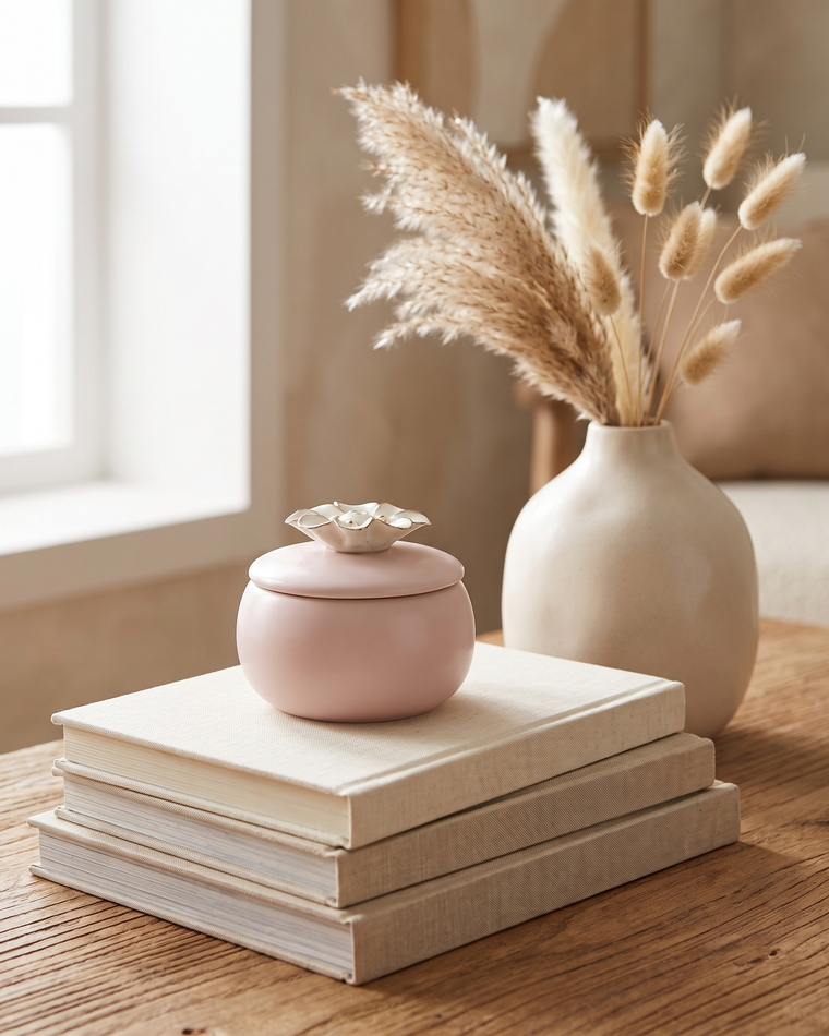 The Quiet Hours lavender soy candle in its ceramic vessel with the bamboo lid alongside
