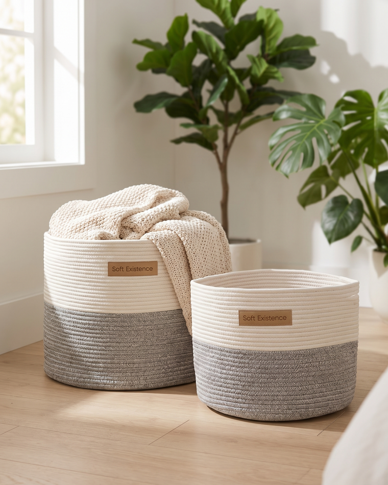 The Soft Existence woven cotton basket set in cream and natural jute, the larger and smaller sizes together