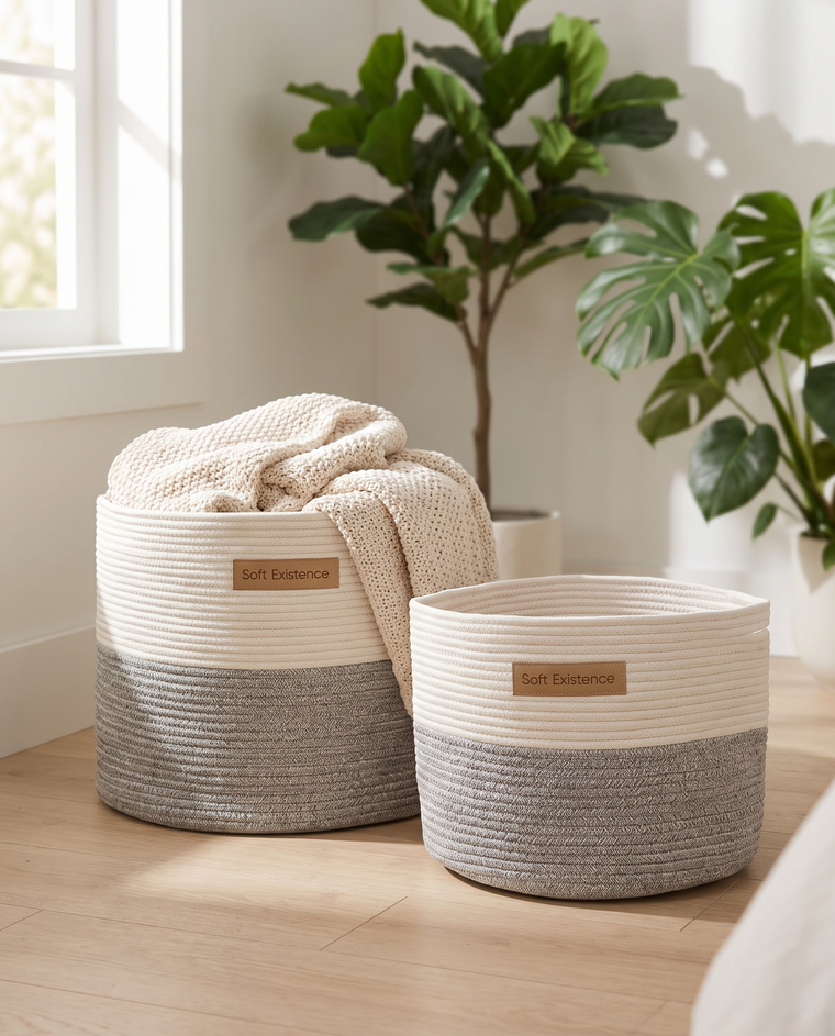 The Soft Existence woven cotton basket set in cream and natural jute, the larger and smaller sizes together