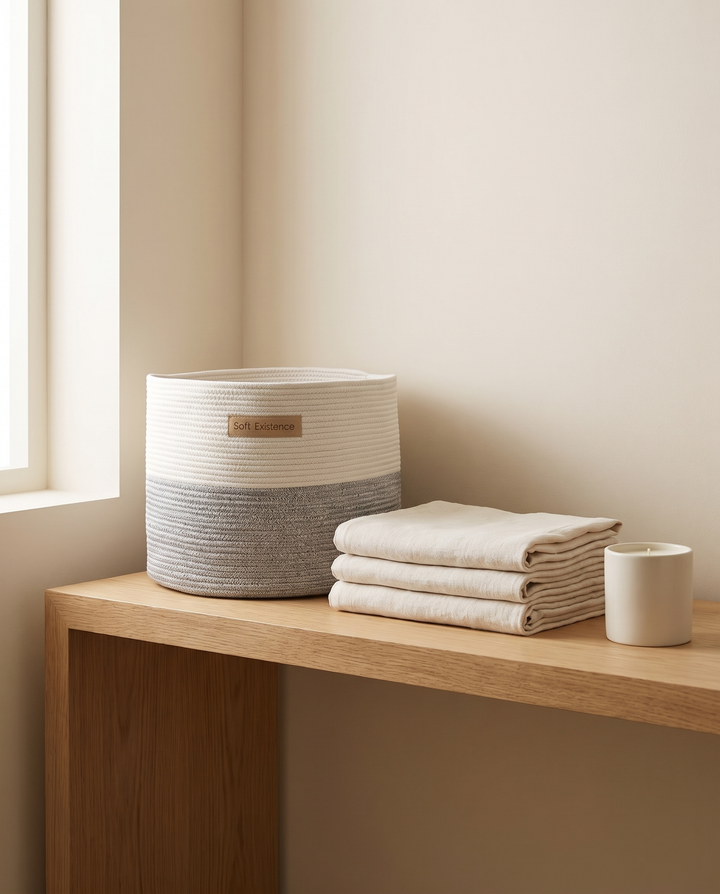 A white and grey woven cotton basket styled on an open oak shelf with folded linen and a candle.