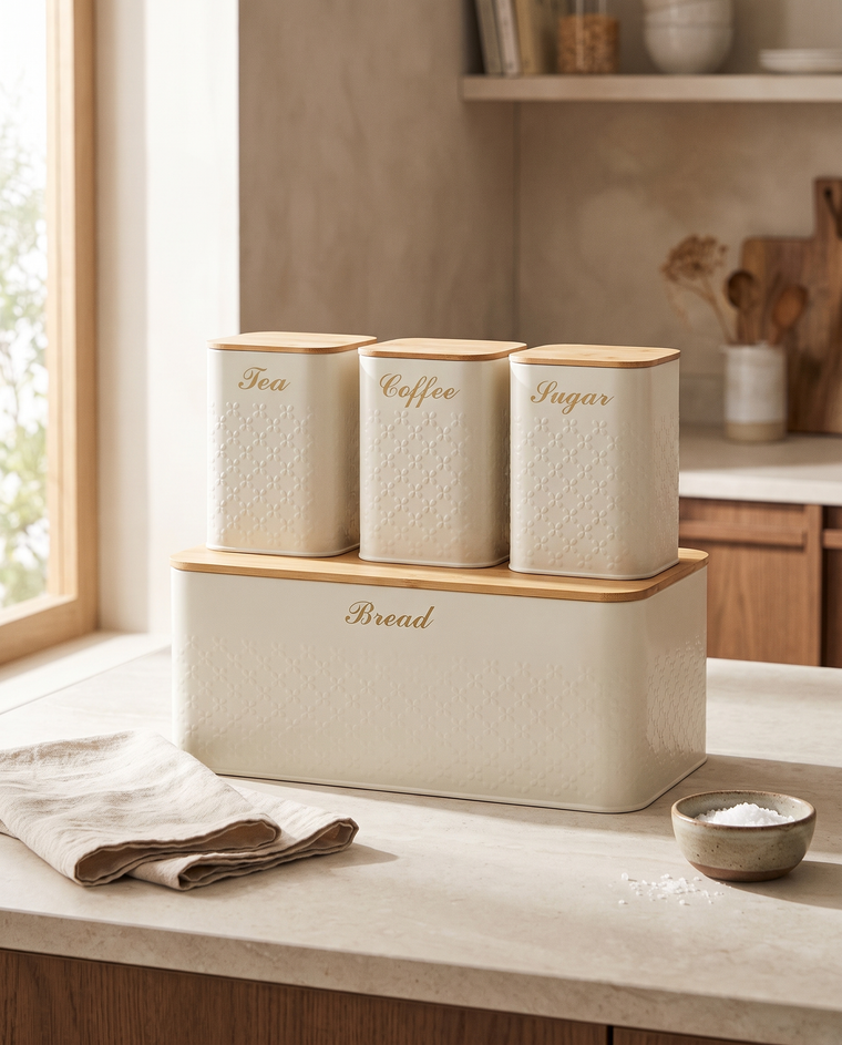 The Maison Cream tea, coffee and sugar canisters with embossed detail and bamboo lids, standing on the matching bread bin in a warm kitchen