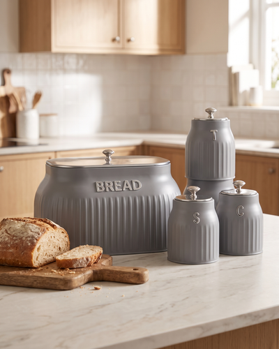 The Atelier Grey fluted kitchen storage set with its bread bin and matching tea, sugar and coffee canisters
