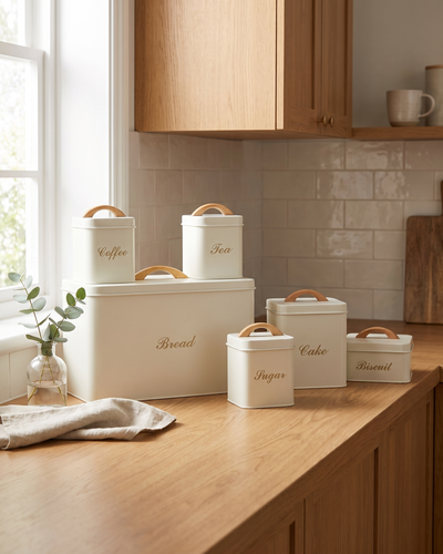 The Grand Maison six-piece kitchen storage set with wooden arch handles arranged along a wooden worktop beside a sunny window