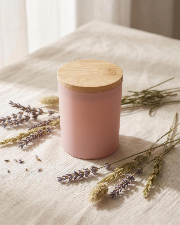 A blush frosted-glass soy candle with a bamboo lid surrounded by dried lavender on cream linen.