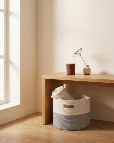 A calm styled corner - a woven cotton basket beneath an oak console set with a candle and a bud vase.
