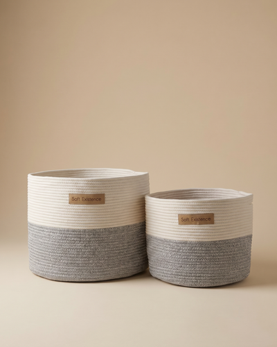 The Soft Existence woven cotton rope basket set in cream and natural jute, large and small sizes together