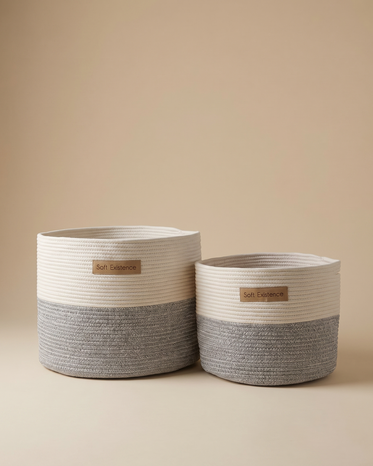 The Soft Existence woven cotton rope basket set in cream and natural jute, large and small sizes together