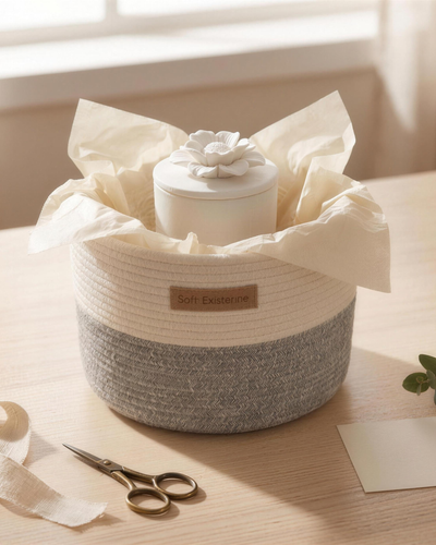 A Soft Existence woven cotton basket wrapped as a house gift with a white ceramic flower candle, linen ribbon and eucalyptus