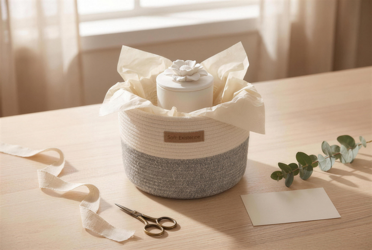 A Soft Existence woven cotton basket wrapped as a house gift with a white ceramic flower candle, linen ribbon and eucalyptus