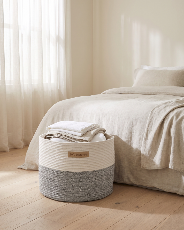 Woven cotton basket holding folded linen at the foot of a linen-dressed bed in a calm, minimalist bedroom