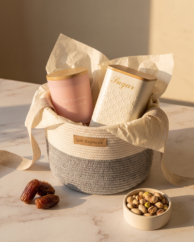 A gift hamper in a woven cotton basket with tissue paper holding a blush soy candle and a cream sugar canister, with dates and pistachios beside it