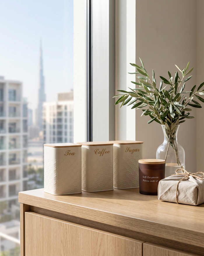 Cream tea, coffee and sugar canisters with an amber soy candle and a linen-wrapped parcel on an oak counter with the Dubai skyline behind
