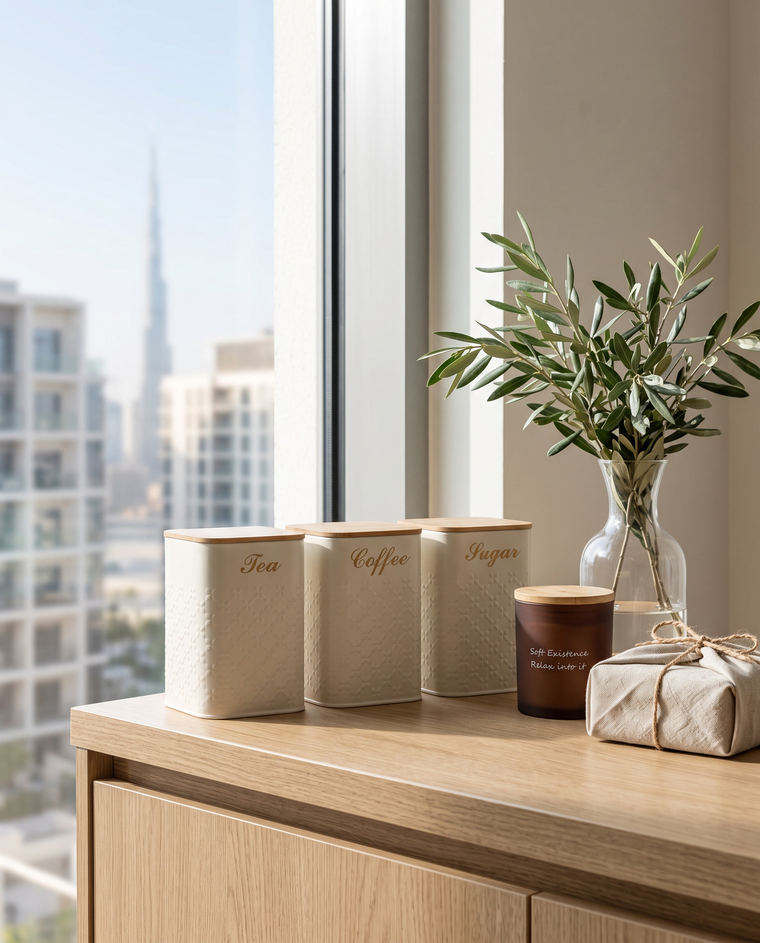 Cream tea, coffee and sugar canisters with an amber soy candle and a linen-wrapped parcel on an oak counter with the Dubai skyline behind