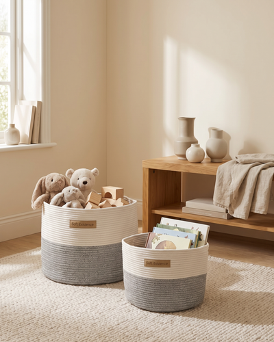 Woven cotton basket set holding soft toys, wooden blocks and picture books on a pale rug in a calm living room