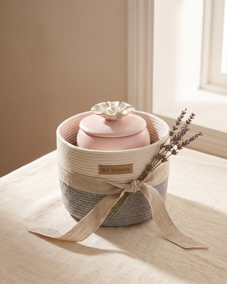 Blush ceramic lavender candle with a gold-trimmed flower lid nestled in a small woven cotton basket tied with linen ribbon and dried lavender