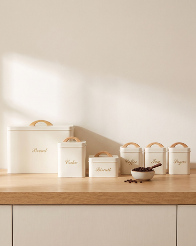 Cream six-piece kitchen canister and bread bin set with wooden arch handles lined up on an oak counter beside a bowl of coffee beans