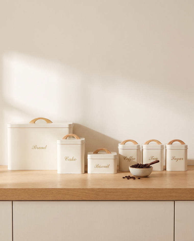 Cream six-piece kitchen canister and bread bin set with wooden arch handles lined up on an oak counter beside a bowl of coffee beans