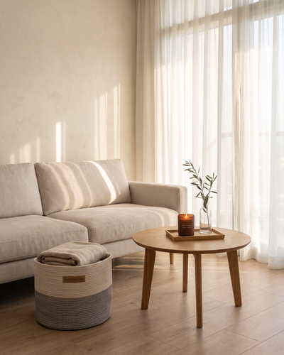 Small calm living room with a linen sofa, a woven cotton basket holding a throw, and a lit amber soy candle on a wooden tray on the coffee table