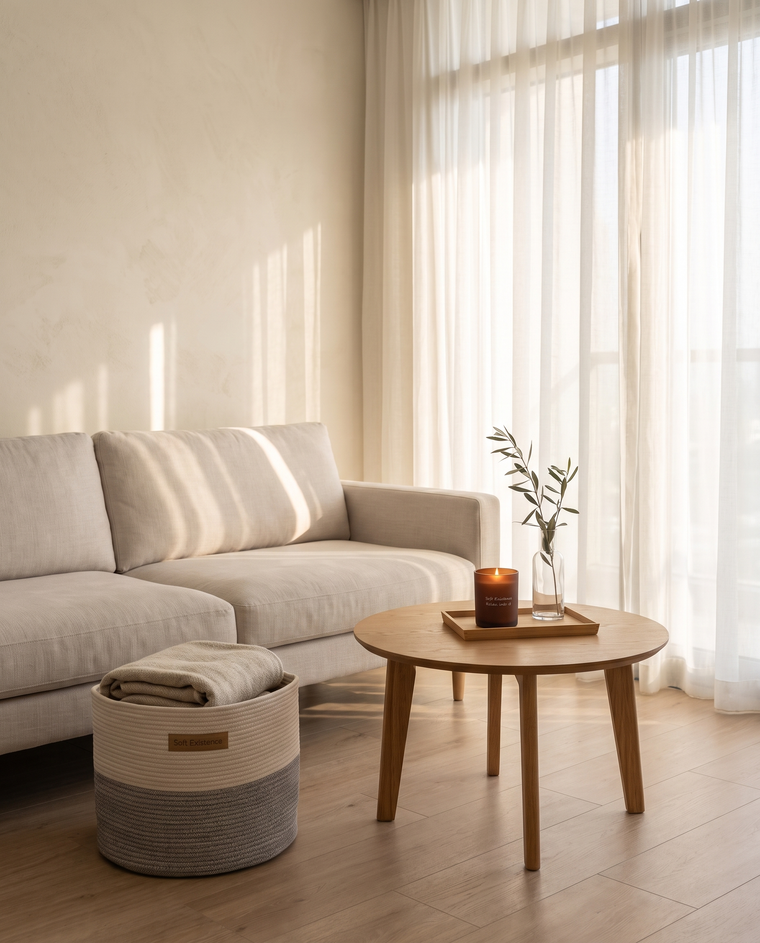 Small calm living room with a linen sofa, a woven cotton basket holding a throw, and a lit amber soy candle on a wooden tray on the coffee table