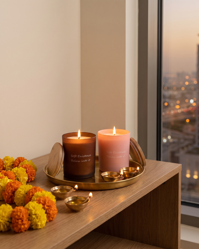 Two lit soy candles in amber and blush glass among brass diyas and a marigold garland on an oak console for Diwali