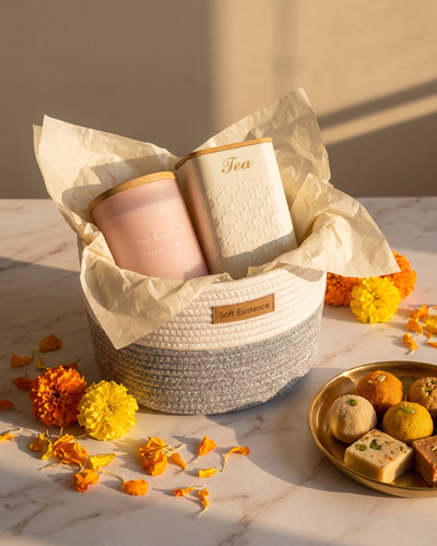 A Diwali gift hamper in a small woven cotton basket holding a blush soy candle and a cream tea canister with marigold petals and a brass dish of sweets