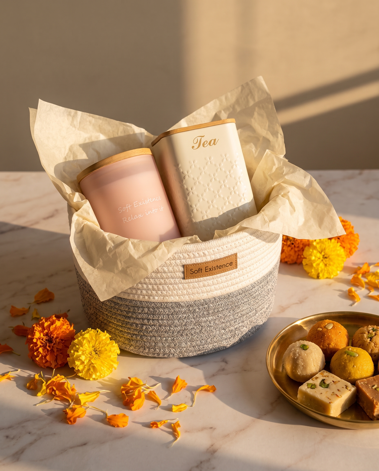A Diwali gift hamper in a small woven cotton basket holding a blush soy candle and a cream tea canister with marigold petals and a brass dish of sweets