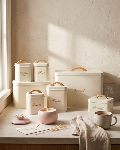 Birthday morning in a cream kitchen: a six-piece cream canister and bread bin set on the counter with a lit blush ceramic candle, an envelope and a cup of coffee