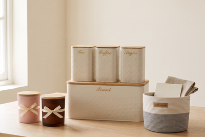 Corporate gift line-up on an oak table: two lidded soy candles tied with cream ribbon, a cream canister and bread bin set, and a woven cotton basket holding a linen napkin and card
