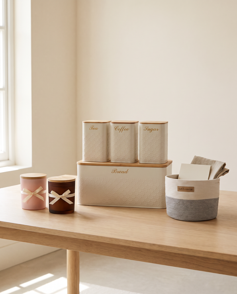 Corporate gift line-up on an oak table: two lidded soy candles tied with cream ribbon, a cream canister and bread bin set, and a woven cotton basket holding a linen napkin and card