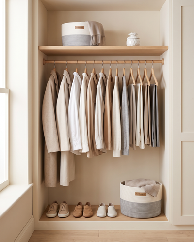Open built-in wardrobe with neutral clothes on matching hangers, a woven cotton basket and a white ceramic candle on the shelf, and a larger basket with shoes on the floor