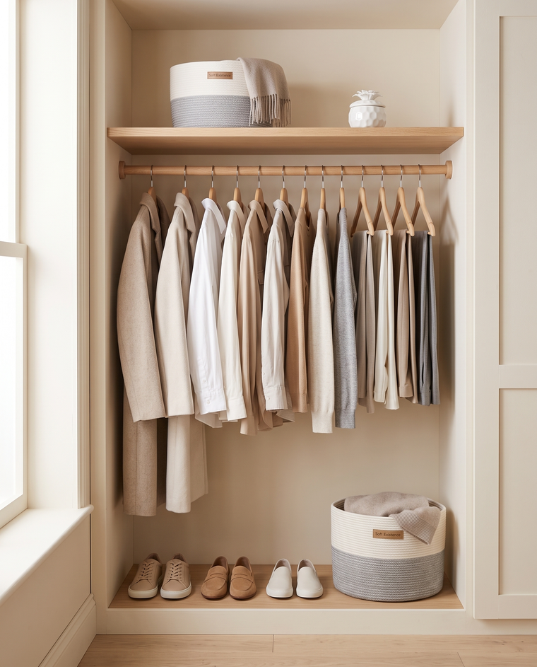 Open built-in wardrobe with neutral clothes on matching hangers, a woven cotton basket and a white ceramic candle on the shelf, and a larger basket with shoes on the floor