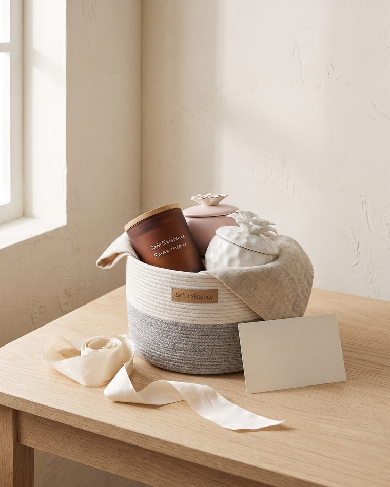 Small woven cotton basket lined with linen holding three lidded soy candles, amber glass, blush ceramic and white ceramic, with a cream ribbon and blank card beside it