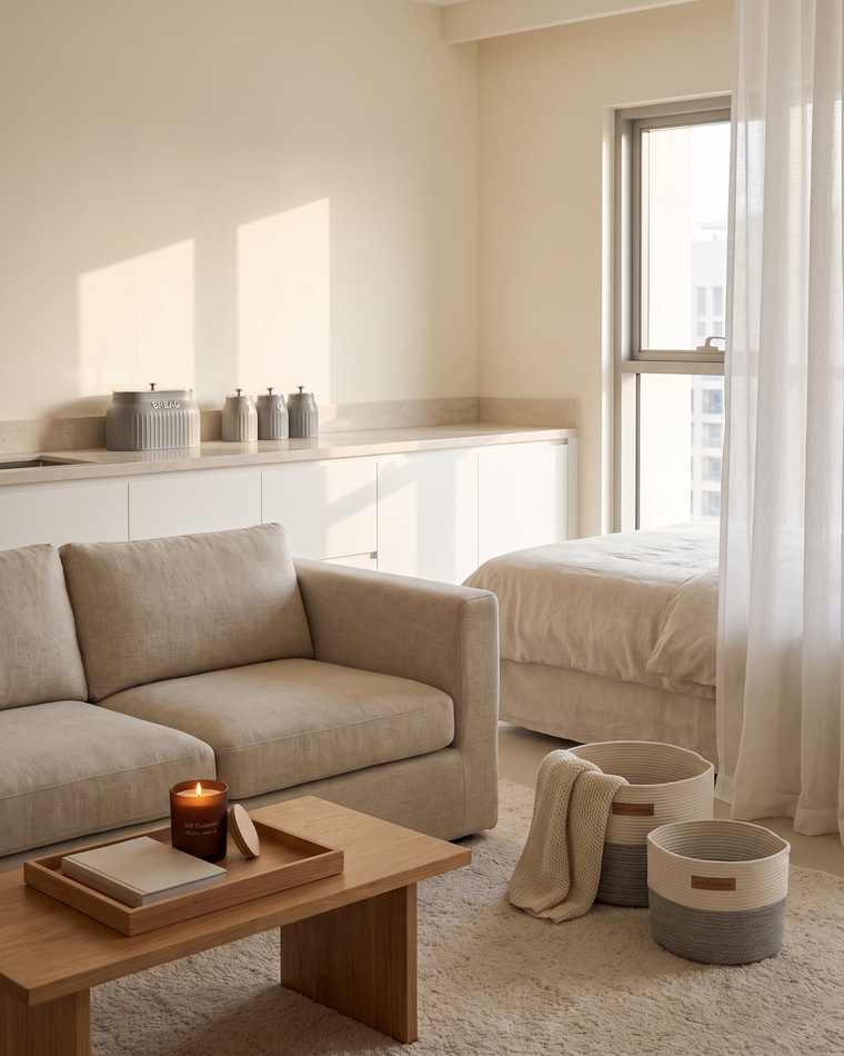 Calm studio apartment with a linen sofa, woven cotton baskets, an amber soy candle on the coffee table and a grey canister set on the kitchen counter behind