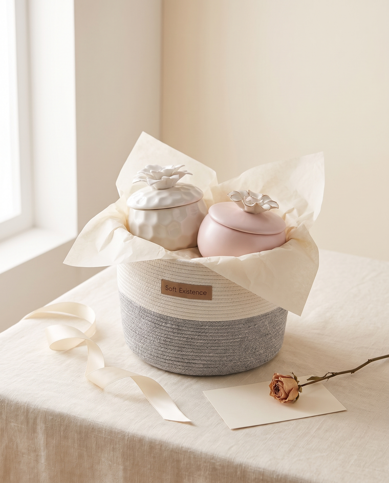 Gift for her on a cream linen table: a small white and grey woven cotton basket lined with tissue holding a white ceramic candle and a blush ceramic candle with flower lids, a cream ribbon, a blank card and a dried rose beside it
