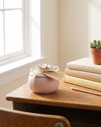 Thank-you gift for a teacher on a wooden school desk: a blush ceramic soy candle with a gold-trimmed flower lid tied with a cream ribbon and a blank kraft card, beside a stack of three books, a pencil and a small potted succulent