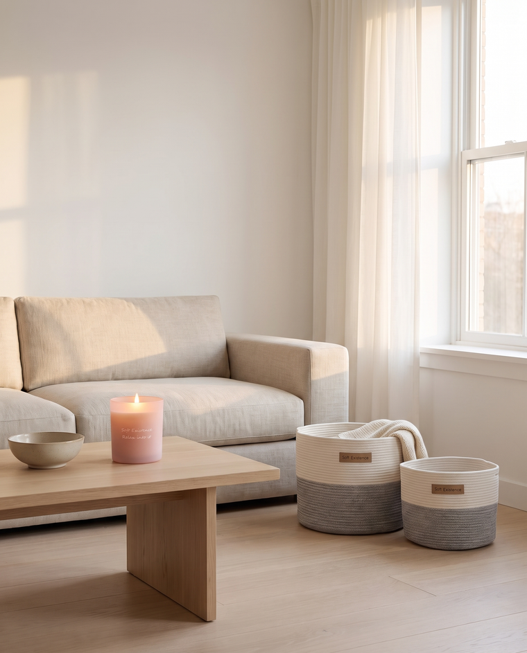 Minimalist living room in a cream apartment: an oatmeal linen sofa, a low oak coffee table holding only a lit blush glass soy candle and a ceramic bowl, and a white and grey woven cotton basket set on the floor with a folded throw